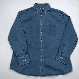 Under 5'10 Mens Stretch Denim Button Down Shirt Blue Medium Wash Large L